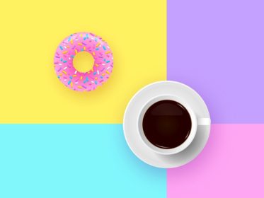 دانلود وکتور دونات لعاب صورتی و فنجان قهوه سفید واقعی از قهوه تازه دم شده جدا شده در پس زمینه وکتور سبک رنگ های پاپ مرسوم