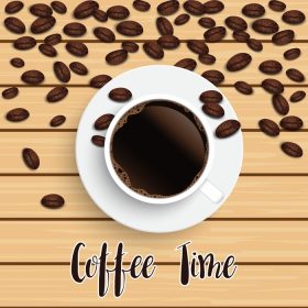 دانلود وکتور واقع گرایانه فنجان قهوه سیاه با دانه ها در پس زمینه چوبی