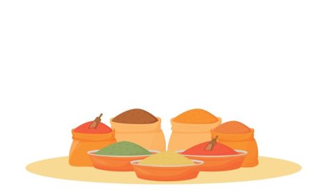 دانلود وکتور ادویه هندی مجموعه ای از کارتونی تصویر وکتور طعم دهنده های سنتی در کاسه و گونی شی رنگی مسطح آشپزی اقلام مواد غذایی چاشنی های جدا شده در پس زمینه سفید