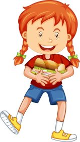 دانلود وکتور شخصیت کارتونی دختر شاد در آغوش گرفتن ساندویچ غذا
