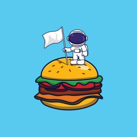 دانلود وکتور کارتون فضانورد با پرچم تکان دادن همبرگر در پس زمینه آبی