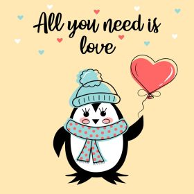 دانلود وکتور کارت روز ولنتاین با پنگوئن ناز با کلاه و شال گردن