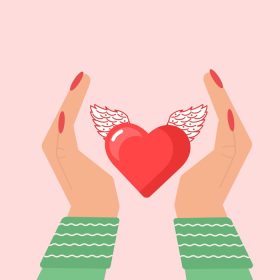دانلود وکتور دست های در دست گرفتن قلب ناز با بال تبریک ولنتاین
