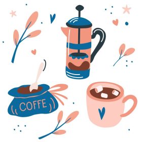دانلود مجموعه وکتور با نوشیدنی های قهوه فرنچ پرس یک فنجان قهوه گل ختمی و یک کیسه قهوه