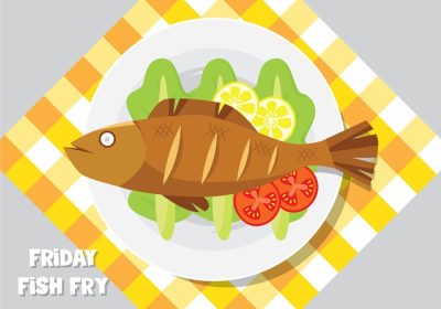دانلود وکتور ظرف سرخ کردنی ماهی با ورقه های لیمو سبزی و گوجه فرنگی در بشقاب سرو می شود