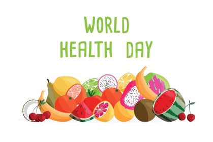 دانلود وکتور قالب پوستر افقی روز جهانی سلامت با مجموعه ای از میوه های ارگانیک تازه و رنگارنگ نقاشی دستی روی پس زمینه سفید غذای گیاهی و وگان