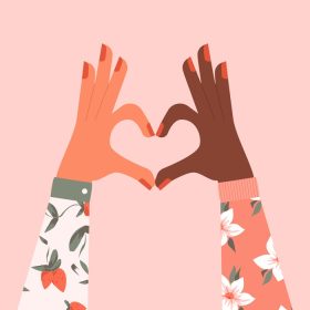 دانلود وکتور دو دست زن از نژادهای مختلف ساختن شکل قلب نشانه وحدت در برابر نژادپرستی و تبعیض