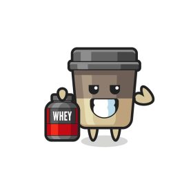 دانلود وکتور شخصیت فنجان قهوه عضلانی مکمل پروتئین را در دست دارد