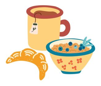 دانلود وکتور لیوان صبحانه سالم فرنی چای با انواع توت ها و یک منوی کلاسیک کروسانت با مفهوم موسلی خانگی غذای سالم صبحگاهی تصویر برداری وکتور برای مفهوم منوی تغذیه غذا