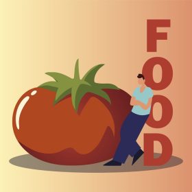 دانلود وکتور مرد آرامش بخش روی متن غذا و گوجه فرنگی سبزی تازه