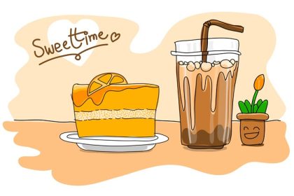 دانلود وکتور کیک پرتقالی با قهوه سرد یا فنجان چای نقاشی و نقاشی در مورد دسر شیرین