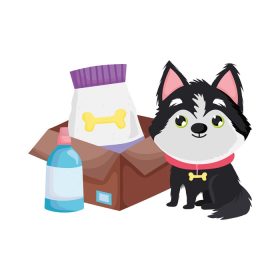 دانلود وکتور سگ ناز سیبری که با غذا در جعبه سگ می نشیند، تصویر وکتور حیوانات خانگی کارتونی سگ