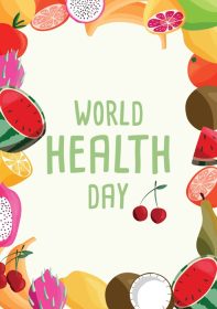 دانلود وکتور قالب پوستر عمودی روز جهانی سلامت با مجموعه ای از میوه های ارگانیک تازه و رنگارنگ نقاشی دستی روی زمینه سبز روشن غذای گیاهی و گیاهی