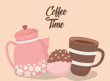 دانلود وکتور زمان قهوه خوشمزه فنجان کاپ کیک و کتری نوشیدنی عطر تازه