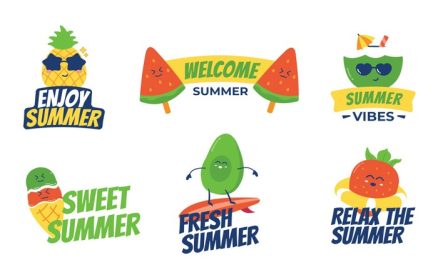 دانلود وکتور مجموعه برچسب غذاهای تابستانی رنگارنگ