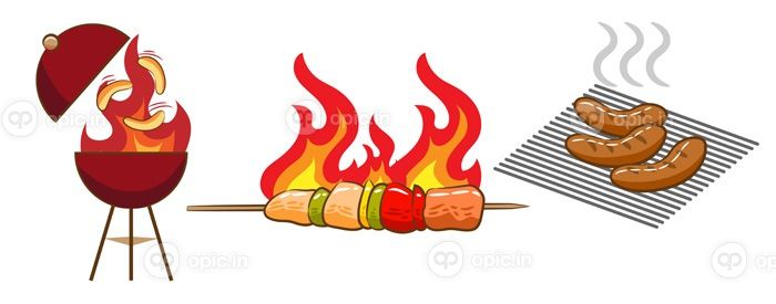 دانلود وکتور ست غذای باربیکیو کارتونی رنگارنگ شامل سوسیس کباب و گریل جدا شده در پس زمینه سفید