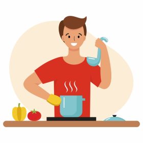دانلود وکتور مردی در آشپزخانه سوپ می پزد یک نفر در الف غذا می پزد