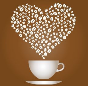 دانلود وکتور فنجان قهوه با دانه ها در تصویر برداری قلب eps