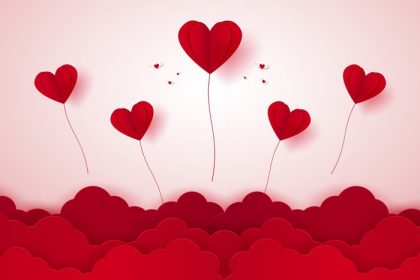 دانلود وکتور روز ولنتاین بادکنک قلب قرمز پرواز بر روی کاغذ آسمان سبک هنری