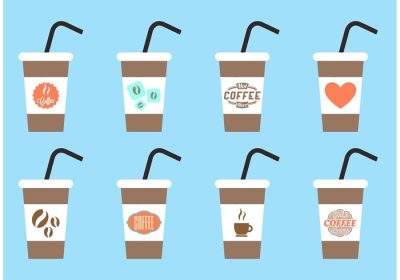 مجموعه وکتور وکتور قهوه یخی در فنجان کاغذی را از کافه مورد علاقه خود دانلود کنید
