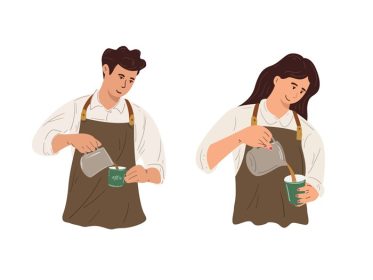 دانلود تصویر برداری وکتور کارگر زن و مرد به عنوان باریستا باریستا کافی شاپ در حال ریختن و پردازش آماده سازی قهوه