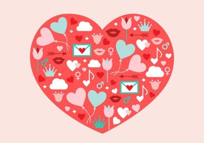 دانلود وکتور رایگان وکتور شکل قلب روز ولنتاین با عناصر طراحی شده برای برچسب پوستر کارت تبریک وب سند و سایر سطوح تزئینی