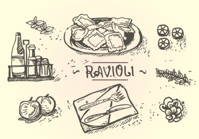 دانلود وکتور ست منوی غذاهای راویولی با فلفل سس گوجه فرنگی سر میز شام به سبک طراحی دستی