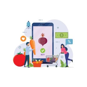 دانلود وکتور شخصیت های افراد واگن برقی در حال خرید محصولات غذایی در اپلیکیشن موبایل