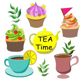 دانلود وکتور زمان نوشیدن چای کیک های خوشمزه رنگارنگ با