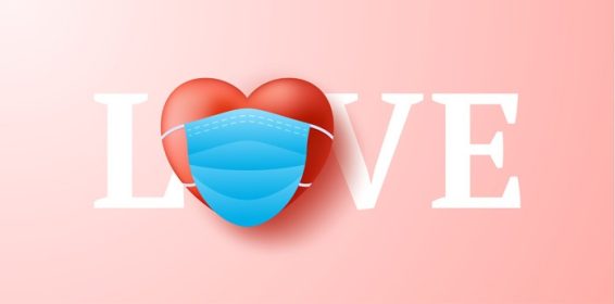 دانلود وکتور کلمه عشق با قلب قرمز واقع گرایانه زیبا در ماسک پزشکی آبی محافظت از ویروس کرونا و بنر تصویری وکتور روز ولنتاین کووید