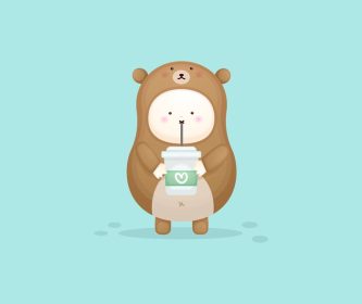 دانلود وکتور نوزاد ناز در لباس خرس در حال نوشیدن قهوه
