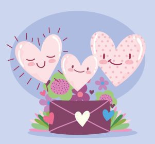 دانلود وکتور عشق عاشقانه قلب های کارتونی پاکت نامه گل تصویر وکتور تزیین گل