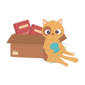 دانلود وکتور گربه ها مرا خوشحال می کند گربه در حال بازی با توپ پشمی و جعبه با تصویر وکتور غذا