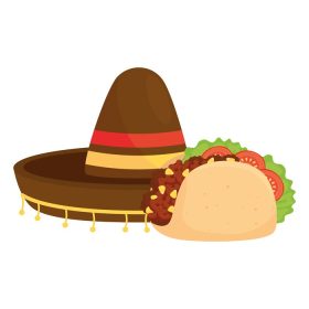 دانلود وکتور کلاه مکزیکی با غذای تاکو در طرح وکتور پس زمینه سفید