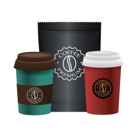 دانلود وکتور فنجان های زیبای قهوه و محصولات کیسه بسته بندی