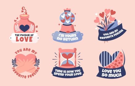دانلود وکتور مجموعه ای از برچسب ها توصیف نشانه های مختلف عشق برای روز ولنتاین وجود دارد یک شیشه از قلب یک گل ساعت شنی با قلب در نوک و مجموعه ای از دست نگه داشتن یک قلب