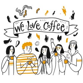 دانلود وکتور گروهی از دوستان یا افرادی که دوست دارند قهوه بنوشند حروف روی بنر می گویند ما عاشق قهوه هستیم طراحی دستی تصویر وکتور ابله سبک هنری