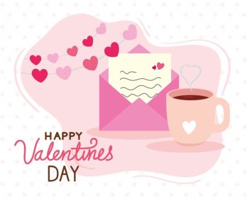 دانلود وکتور کارت تبریک روز ولنتاین با پاکت نامه و فنجان قهوه