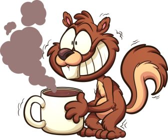 دانلود وکتور سنجاب کافئین دار تکان دادن و نگه داشتن فنجان بزرگ قهوه وکتور کلیپ آرت تصویر با شیب ساده سنجاب و بخار در لایه های جداگانه
