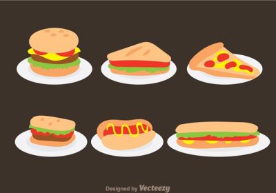 دانلود مجموعه تصویری وکتور انواع فست فود در بشقاب شامل پیتزا ساندویچ برگر هات داگ و موارد دیگر