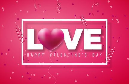 دانلود وکتور طرح روز ولنتاین با بادکنک قلب قرمز و نامه تایپوگرافی عاشقانه در زمینه صورتی براق