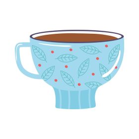 دانلود وکتور فنجان چای و قهوه با نماد برگ و نقطه روی پس‌زمینه سفید