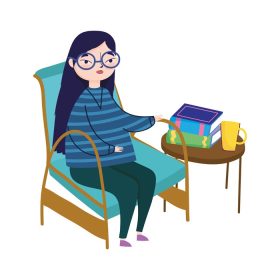 دانلود وکتور زن جوان نشسته روی صندلی و میز با کتاب روز کتاب وکتور وکتور فنجان قهوه