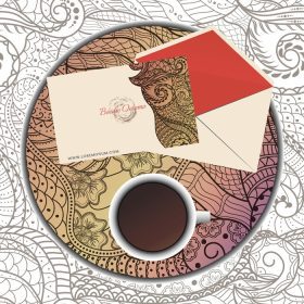 دانلود وکتور هنر خط انتزاعی قومی با یک فنجان قهوه و لوازم التحریر