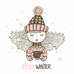 دانلود وکتور دختر ناز با کلاه بافتنی و دستکش در حال نوشیدن قهوه داغ وکتور سلام زمستان