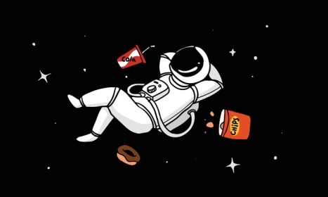 دانلود وکتور یک فضانورد در حال سرد شدن در فضای بیرونی با غذا و نوشیدنی