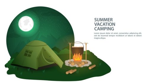 دانلود وکتور بنر طراحی کمپینگ تابستانی در طبیعت استندهای چادر توریستی در شب نزدیک آتش که در آن غذا تهیه می شود تصویر وکتور مسطح