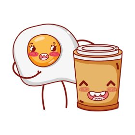 دانلود وکتور تصویر برداری کارتونی صبحانه تخم مرغ سرخ شده ناز و فنجان قهوه پلاستیکی