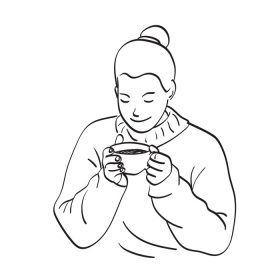 دانلود وکتور نزدیک زن خندان در حال نوشیدن قهوه یا چای داغ