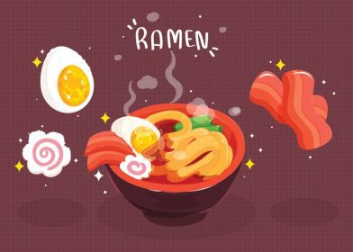 دانلود وکتور رامن رشته فرنگی غذای ژاپنی با دست کشیده تصویر هنری کارتونی